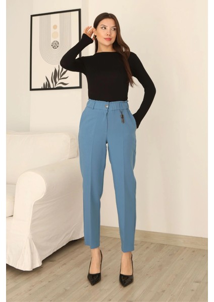 Aksesuar Detaylı Beli Lastikli Kumaş Pantolon 6119-AÇIK Mavi
