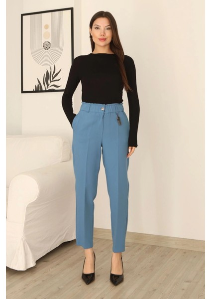 Aksesuar Detaylı Beli Lastikli Kumaş Pantolon 6119-AÇIK Mavi fiyatları