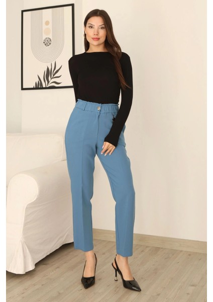 Aksesuar Detaylı Beli Lastikli Kumaş Pantolon 6119-AÇIK Mavi modelleri