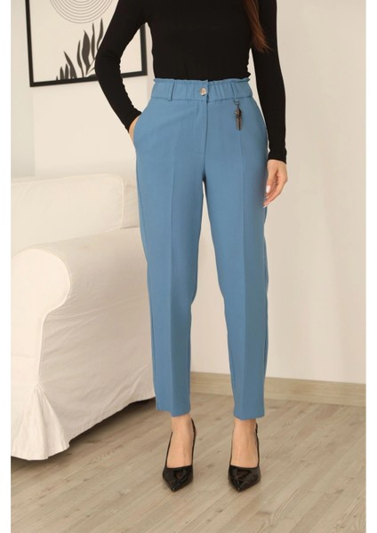 Aksesuar Detaylı Beli Lastikli Kumaş Pantolon 6119-AÇIK Mavi fırsatları