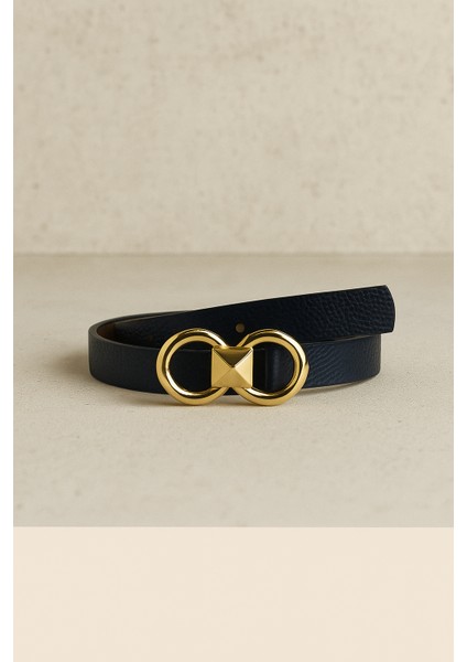 Kadın Lacivert Suni Deri Kemer - Altın Tokalı Şık Kemer