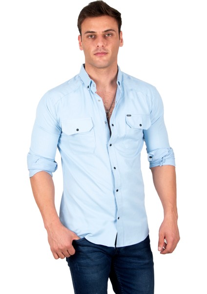 Erkek Buz Mavisi Slim Fit Dar Kesim Pamuklu Spor Gömlek Çıtçıtlı Likralı Gabardin Gömlek 2300421