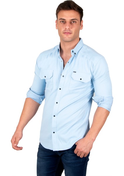 Erkek Buz Mavisi Slim Fit Dar Kesim Pamuklu Spor Gömlek Çıtçıtlı Likralı Gabardin Gömlek 2300421 fiyatları