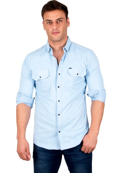 Erkek Buz Mavisi Slim Fit Dar Kesim Pamuklu Spor Gömlek Çıtçıtlı Likralı Gabardin Gömlek 2300421 fırsatları