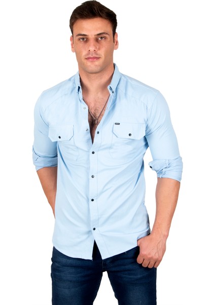 Erkek Buz Mavisi Slim Fit Dar Kesim Pamuklu Spor Gömlek Çıtçıtlı Likralı Gabardin Gömlek 2300421 indirimleri