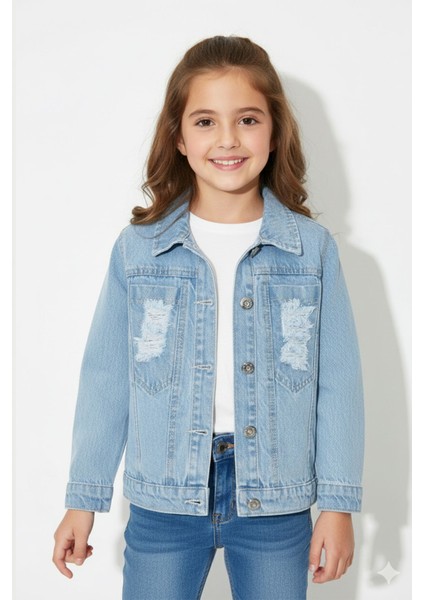 Kız Çocuk %100 Pamuk 5 - 10 Yaş Taşlamalı Yırtıklı Trend Kot Ceket - 1101
