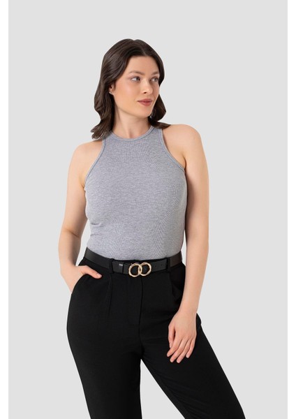 Kadın Pamuklu Fitilli Görünümlü Halter Yaka Basic Gri Atlet fiyatları