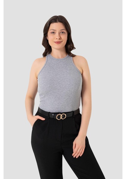 Kadın Pamuklu Fitilli Görünümlü Halter Yaka Basic Gri Atlet modelleri