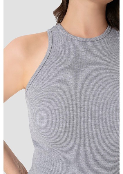 Kadın Pamuklu Fitilli Görünümlü Halter Yaka Basic Gri Atlet fırsatları