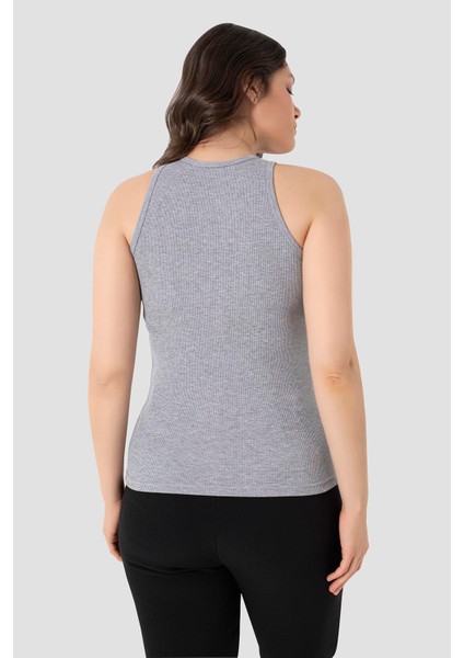 Kadın Pamuklu Fitilli Görünümlü Halter Yaka Basic Gri Atlet indirimleri