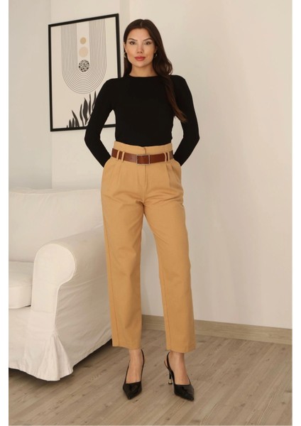 Kemer Detaylı Pileli Gabardin Kumaş Pantolon 5856-CAMEL