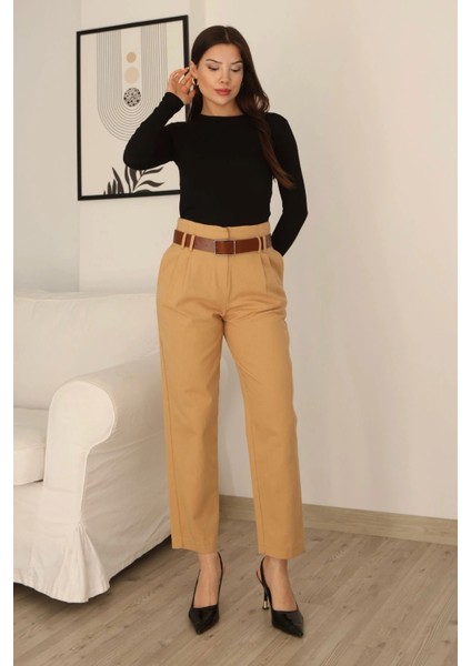 Kemer Detaylı Pileli Gabardin Kumaş Pantolon 5856-CAMEL fiyatları