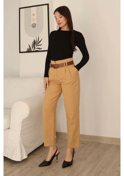 Kemer Detaylı Pileli Gabardin Kumaş Pantolon 5856-CAMEL modelleri