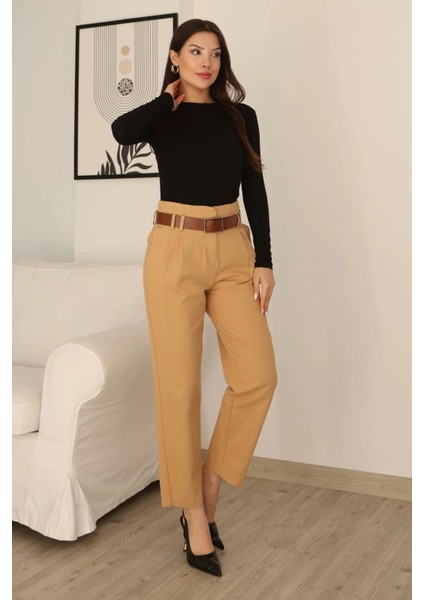 Kemer Detaylı Pileli Gabardin Kumaş Pantolon 5856-CAMEL indirimleri