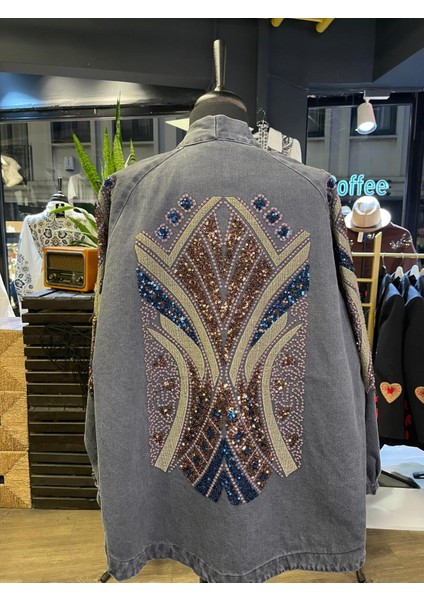 Kadın Taş Işlemeli Nakışlı Uzun Kollu Pamuk Kot Kimono