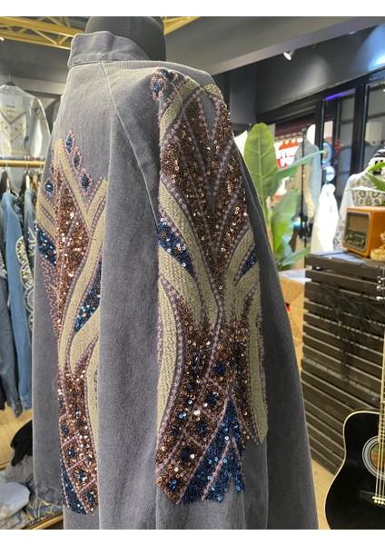 Kadın Taş Işlemeli Nakışlı Uzun Kollu Pamuk Kot Kimono fırsatları
