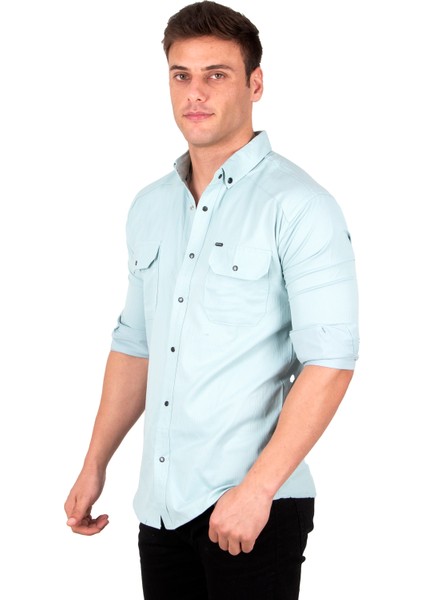 Erkek Mint Yeşili Slim Fit Dar Kesim Pamuklu Spor Gömlek Çıtçıtlı Likralı Gabardin Gömlek 2300421