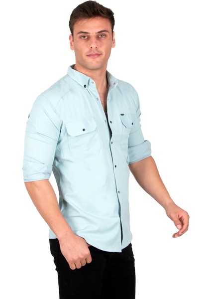 Erkek Mint Yeşili Slim Fit Dar Kesim Pamuklu Spor Gömlek Çıtçıtlı Likralı Gabardin Gömlek 2300421 fırsatları