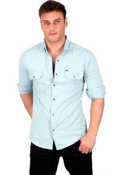 Erkek Mint Yeşili Slim Fit Dar Kesim Pamuklu Spor Gömlek Çıtçıtlı Likralı Gabardin Gömlek 2300421 indirimleri