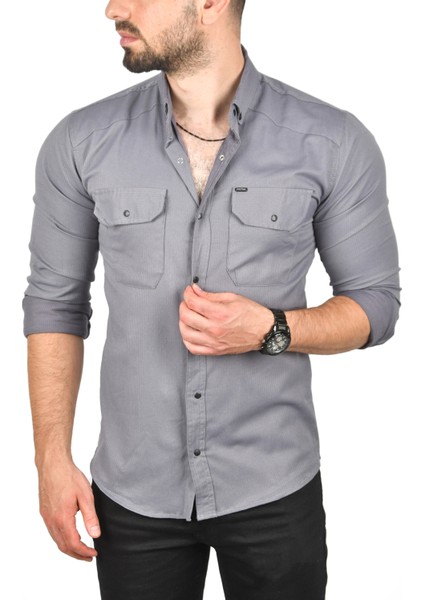 Erkek Füme Slim Fit Dar Kesim Pamuklu Spor Gömlek Çıtçıtlı Likralı Gabardin Gömlek 2300421