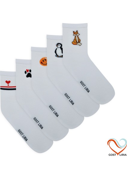 Gost Liria -5’li Beyaz Figürlü Ribanalı Tenis Ünisex Çorap