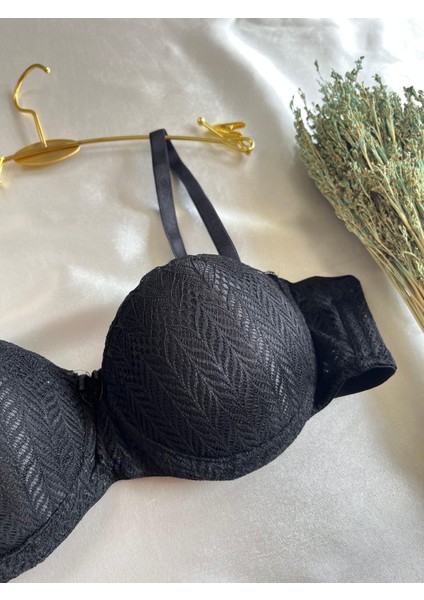 Straplez Balenli Destekli Içi Dolgulu Siyah Flamlı Dantelli Sütyen fiyatları