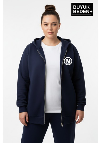 Kadın Büyük Beden Kapüşonlu Fermuarlı N Baskılı Sweatshirt Hırka SPR26BHRK922