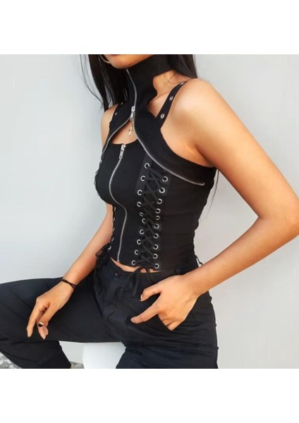 Bağcıklı ve Ön Fermuarlı Kadın Gotik Bluz Altgoth Karanlık Gotik Vintage Bandage Yelek Kadınlar Harajuku Punk Grunge Halter Korse Camis Emo Alternatif Sokak Giyim Çılgın Kıyafet