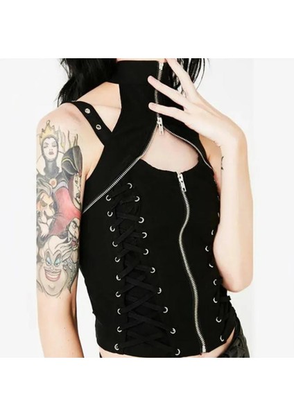 Bağcıklı ve Ön Fermuarlı Kadın Gotik Bluz Altgoth Karanlık Gotik Vintage Bandage Yelek Kadınlar Harajuku Punk Grunge Halter Korse Camis Emo Alternatif Sokak Giyim Çılgın Kıyafet modelleri