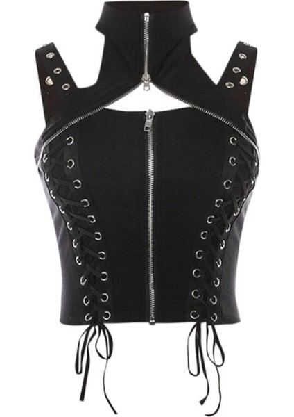 Bağcıklı ve Ön Fermuarlı Kadın Gotik Bluz Altgoth Karanlık Gotik Vintage Bandage Yelek Kadınlar Harajuku Punk Grunge Halter Korse Camis Emo Alternatif Sokak Giyim Çılgın Kıyafet fırsatları