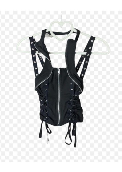 Bağcıklı ve Ön Fermuarlı Kadın Gotik Bluz Altgoth Karanlık Gotik Vintage Bandage Yelek Kadınlar Harajuku Punk Grunge Halter Korse Camis Emo Alternatif Sokak Giyim Çılgın Kıyafet