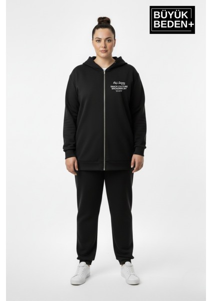 Kadın Büyük Beden Fermuarlı Kapüşonlu Chef Baskılı Sweatshirt Hırka - Rahat Kalıp SPR26BHRK921