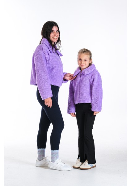 Anne Kız Kombin Peluş Fermuarlı Astarlı Crop Mont