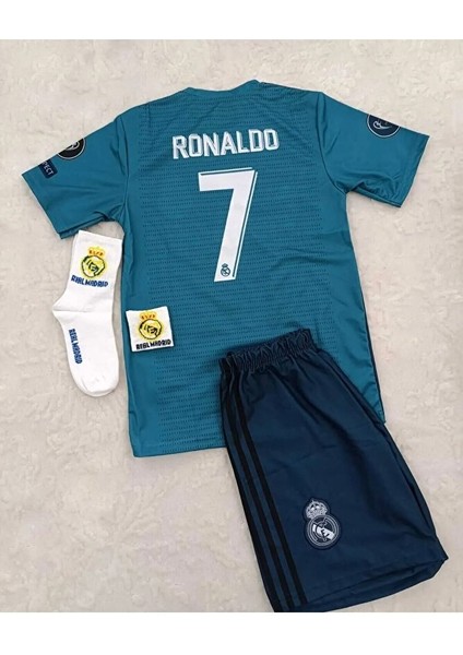 R.e.a.l M.a.d.r.i.d 2018 Cristiano Ronaldo Turkuaz Röveşata Çocuk Forması 4'lü Set (Armalı)