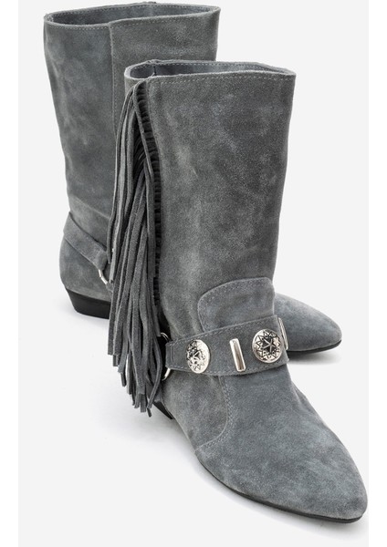 Selora Gri Süet Püsküllü Hakiki Deri Tokalı Kadın Western Bot