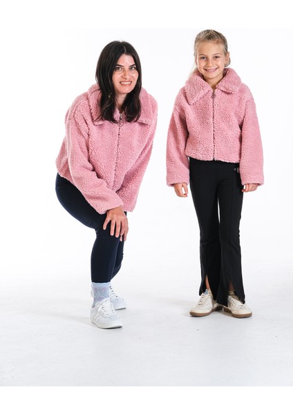 Anne Kız Kombin Peluş Fermuarlı Astarlı Crop Mont
