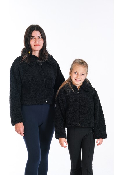 Anne Kız Kombin Peluş Fermuarlı Astarlı Crop Mont