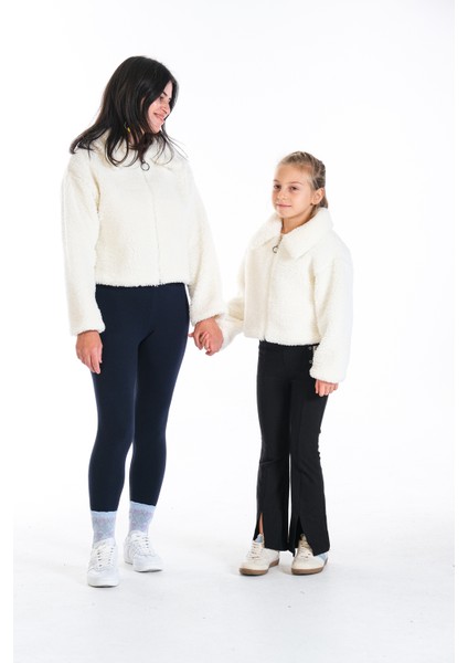 Anne Kız Kombin Peluş Fermuarlı Astarlı Crop Mont