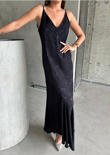 Jakarlı Askılı Saten Elbise Asimetrik - Siyah fiyatları