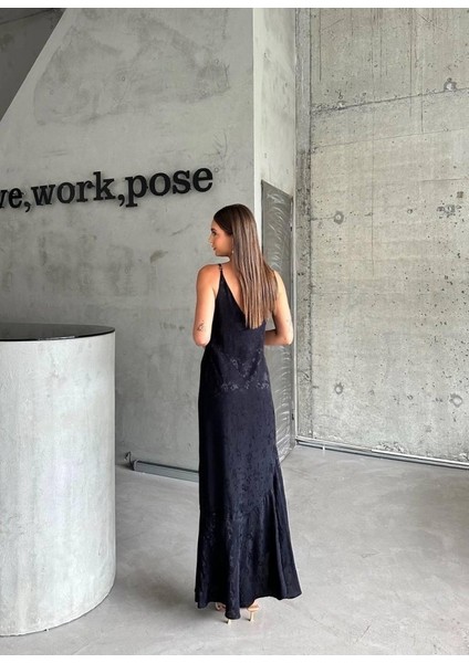 Jakarlı Askılı Saten Elbise Asimetrik - Siyah modelleri