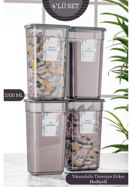 Gri 4'lü Dikdörtgen Saklama Kabı, 3,2 Lt, Toz ve Tablet Deterjan Saklama Kutusu