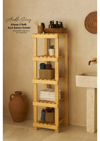 Ahşap 5 Raflı Açık Banyo Dolabı, Dayıklı ve Şık Banyo Düzenleme Rafı