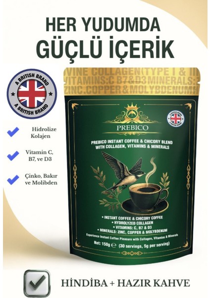 , Prebiyotik, Kolajen, Multivitamin, Multimineral ve Hindiba Içeren Hazır Detoks Kahvesi