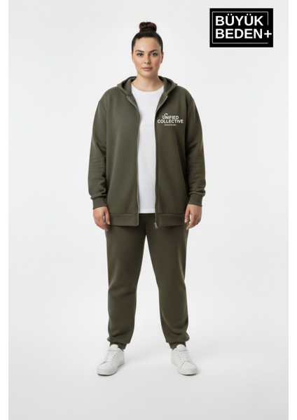 Kadın Büyük Beden Fermuarlı Kapüşonlu Unified Baskılı Sweatshirt Hırka SPR26BHRK924