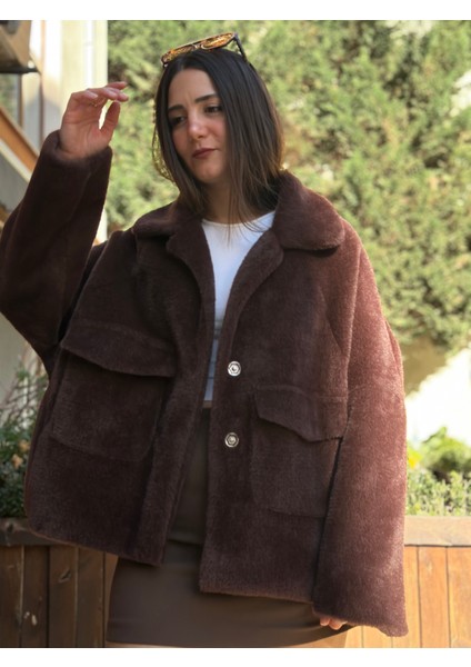 Kadın Kahverengi Torba Cepli Peluş Ceket