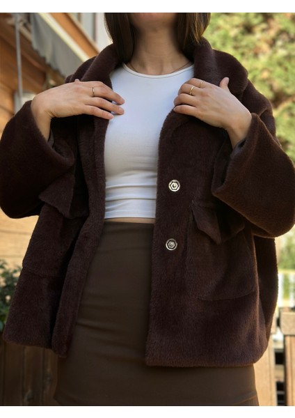 Kadın Kahverengi Torba Cepli Peluş Ceket modelleri