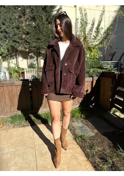 Kadın Kahverengi Torba Cepli Peluş Ceket