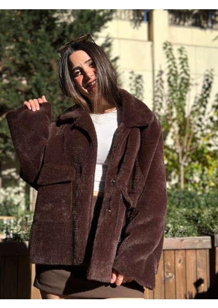 Kadın Kahverengi Torba Cepli Peluş Ceket