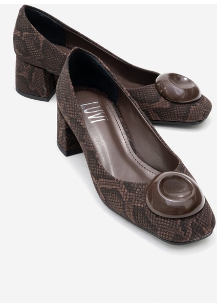 Mıla Kahverengi Desenli Tokalı Kare Burunlu Kadın Kalın Topuklu Ayakkabı