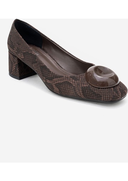 Mıla Kahverengi Desenli Tokalı Kare Burunlu Kadın Kalın Topuklu Ayakkabı modelleri